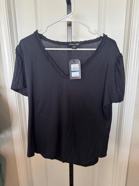 Nautica Black V-Neck Short Sleeve Tee with Ruffle Trim